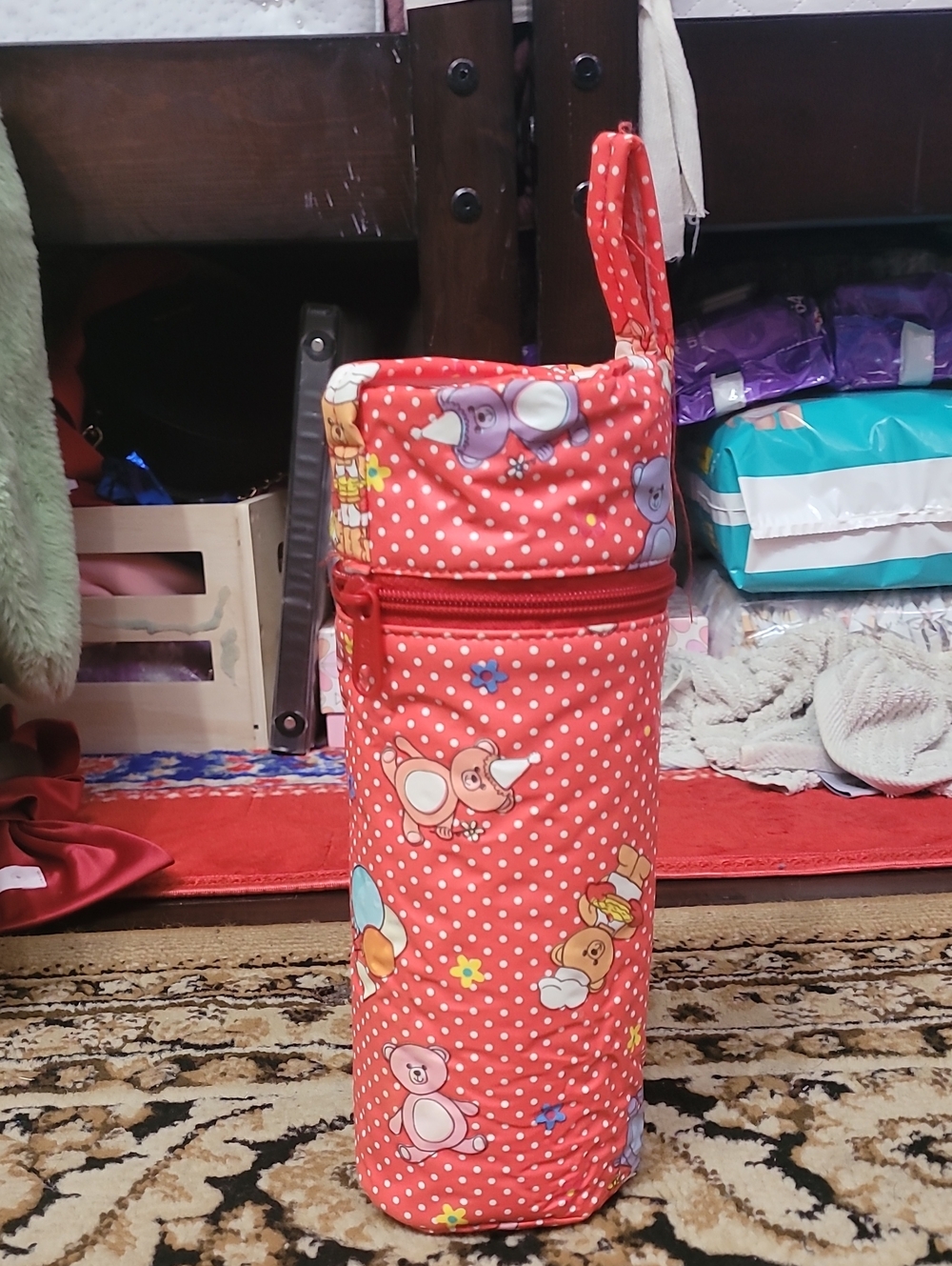 Kids Red Polka Dot Bottle Holder with Cartoon Animals